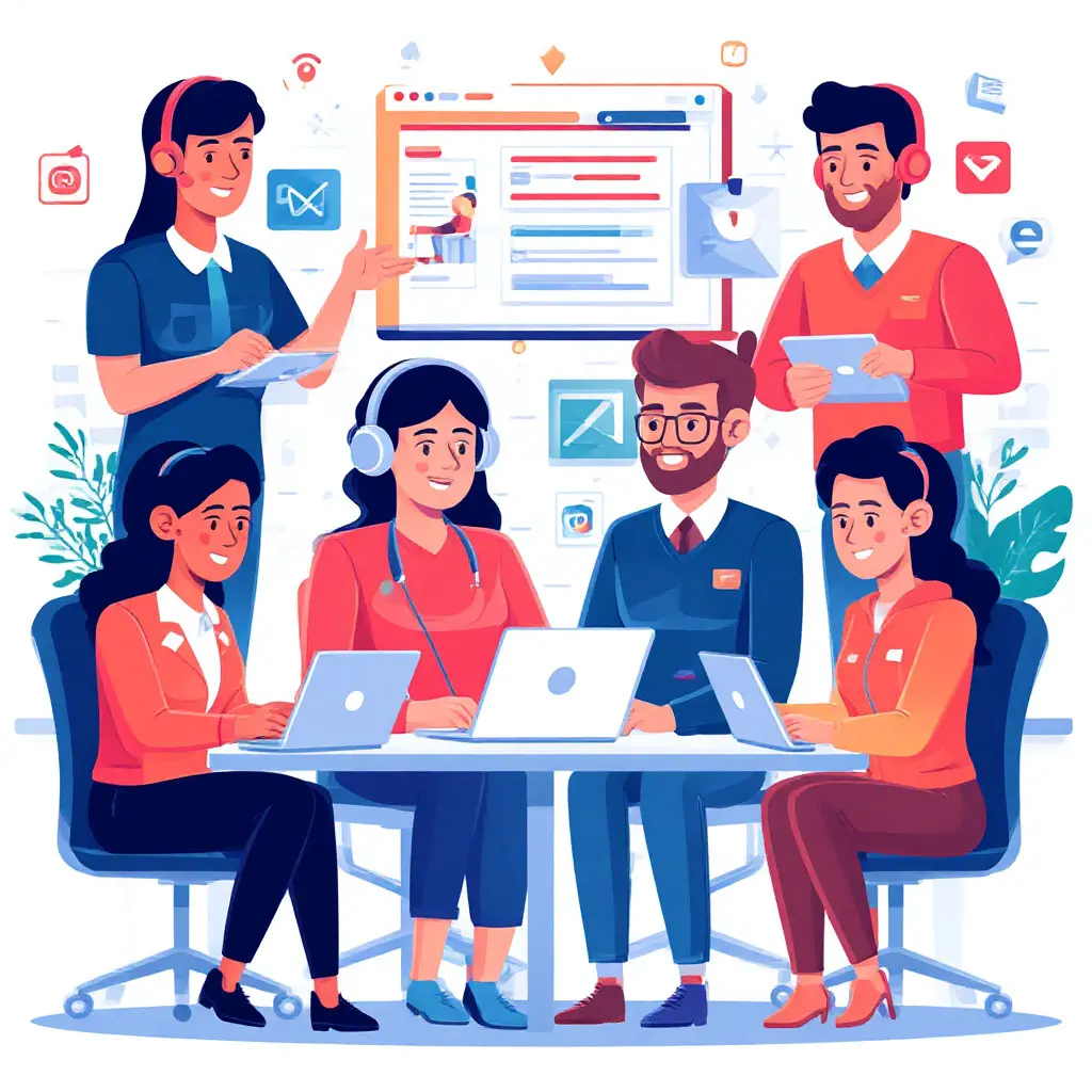Illustration of support team assisting users
